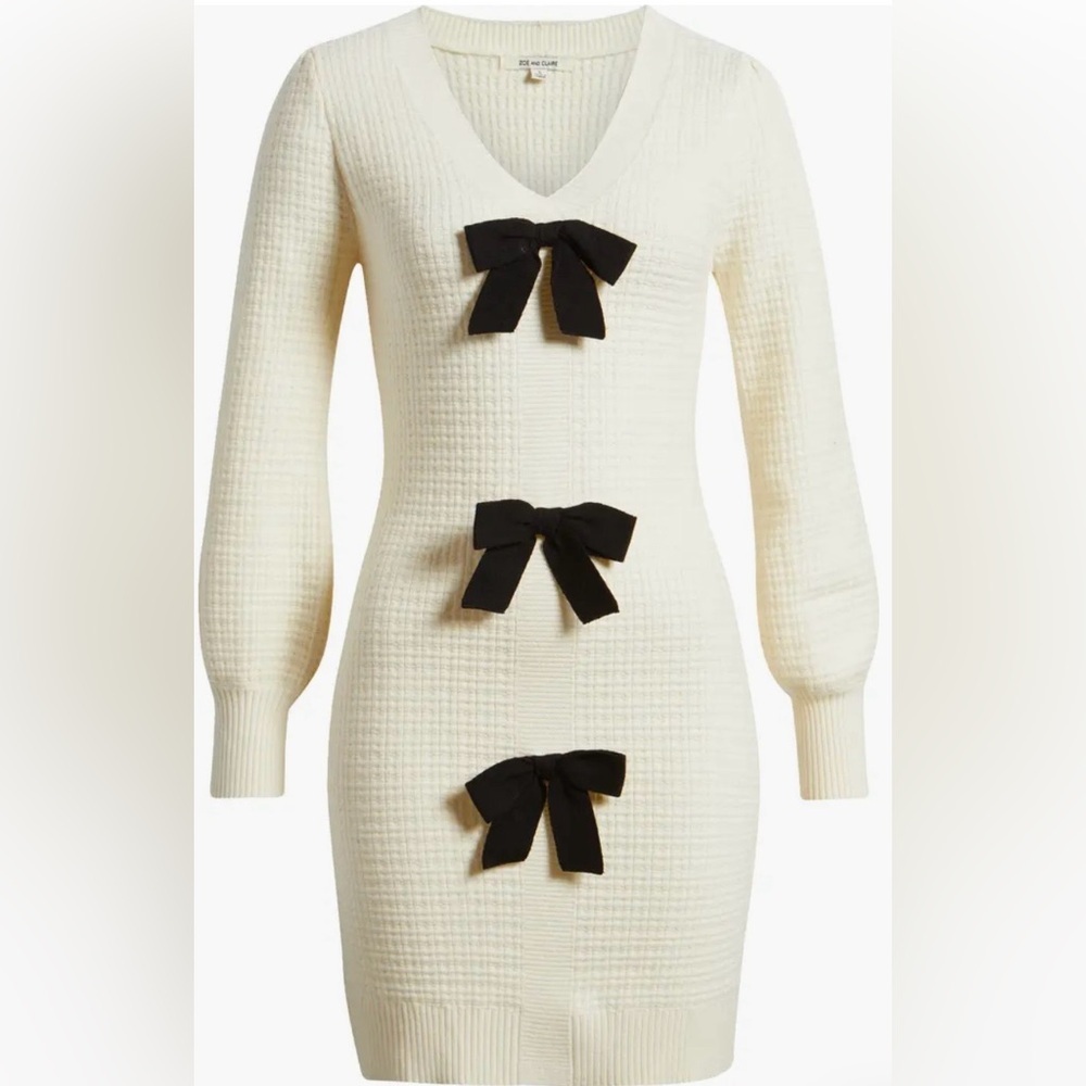 Zoe and Claire Bow Long Sleeve Sweater Dress Ivory Size L